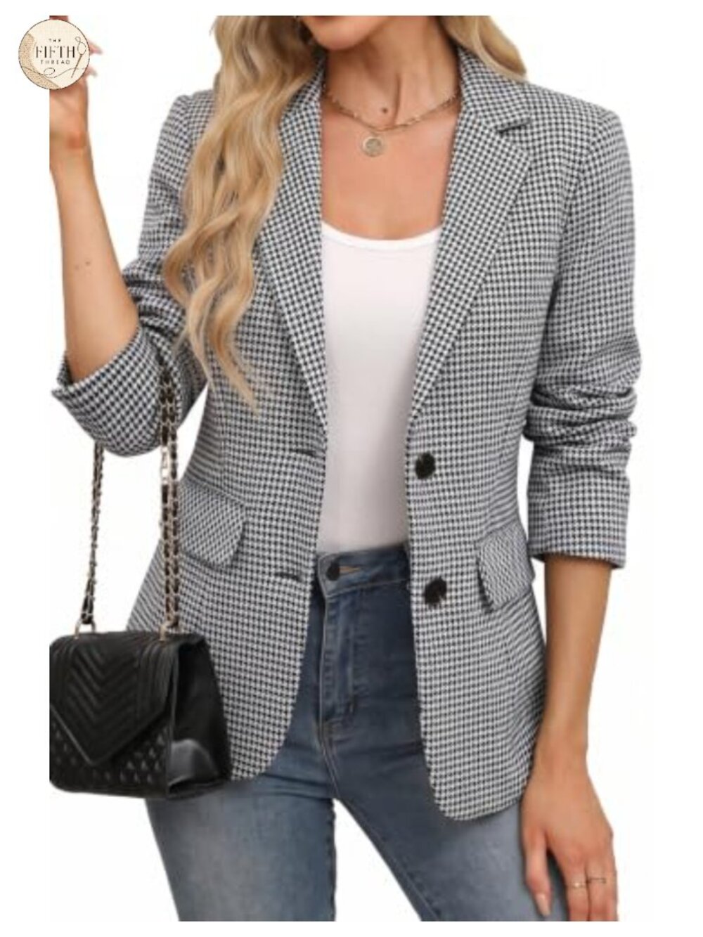 Plaid Houndstooth Blazer Long Sleeve Notch Collar Business Casual Office Jacket